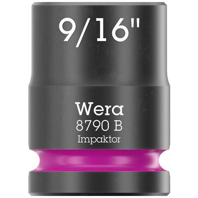 Černá, válcová nástrčná hlavice Wera 8790 B Impaktor s růžovými akcenty a nápisem '9/16"'.