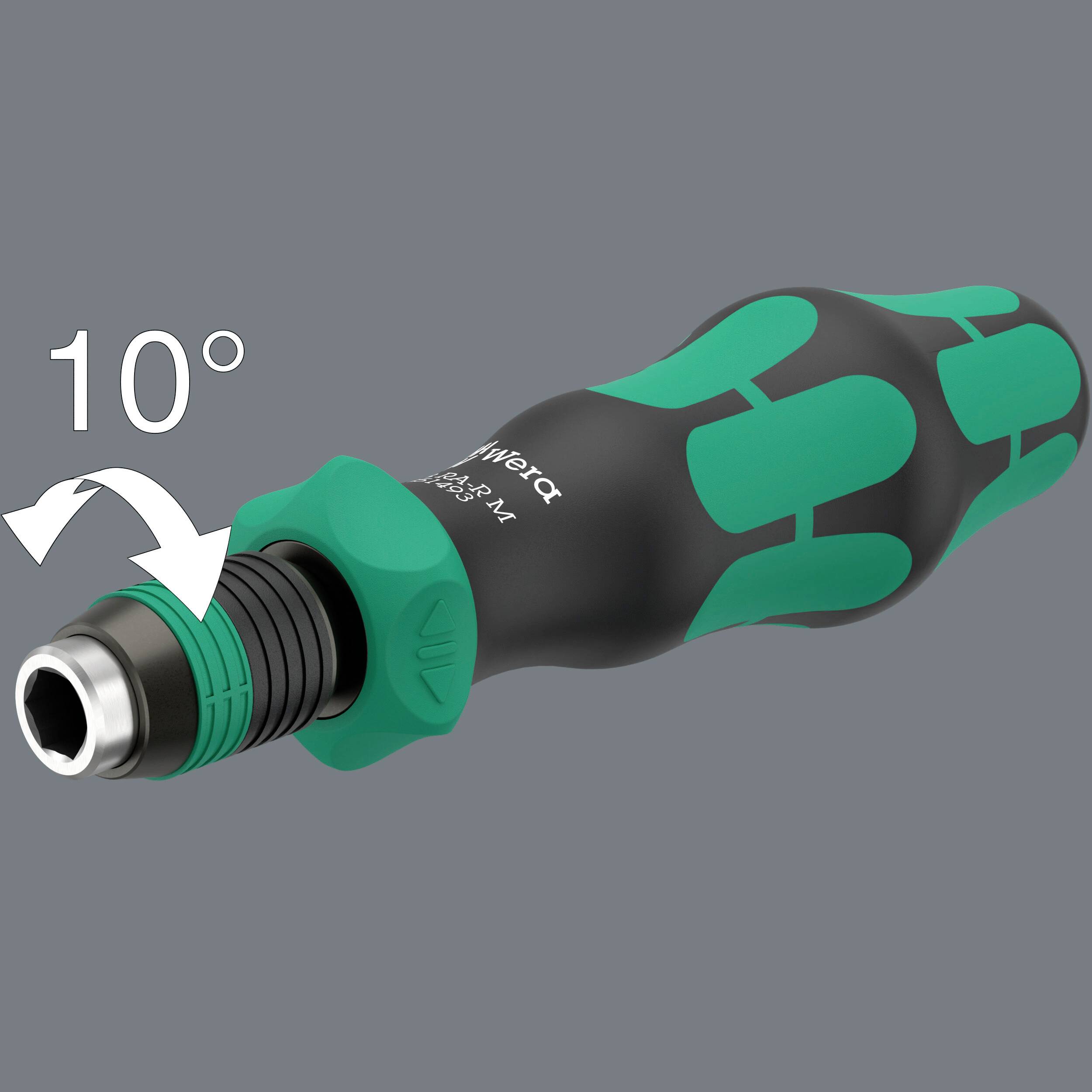 Šroubovák s ergonomickou rukojetí. Hlava je sklopná o 10°, což usnadňuje flexibilní práci.