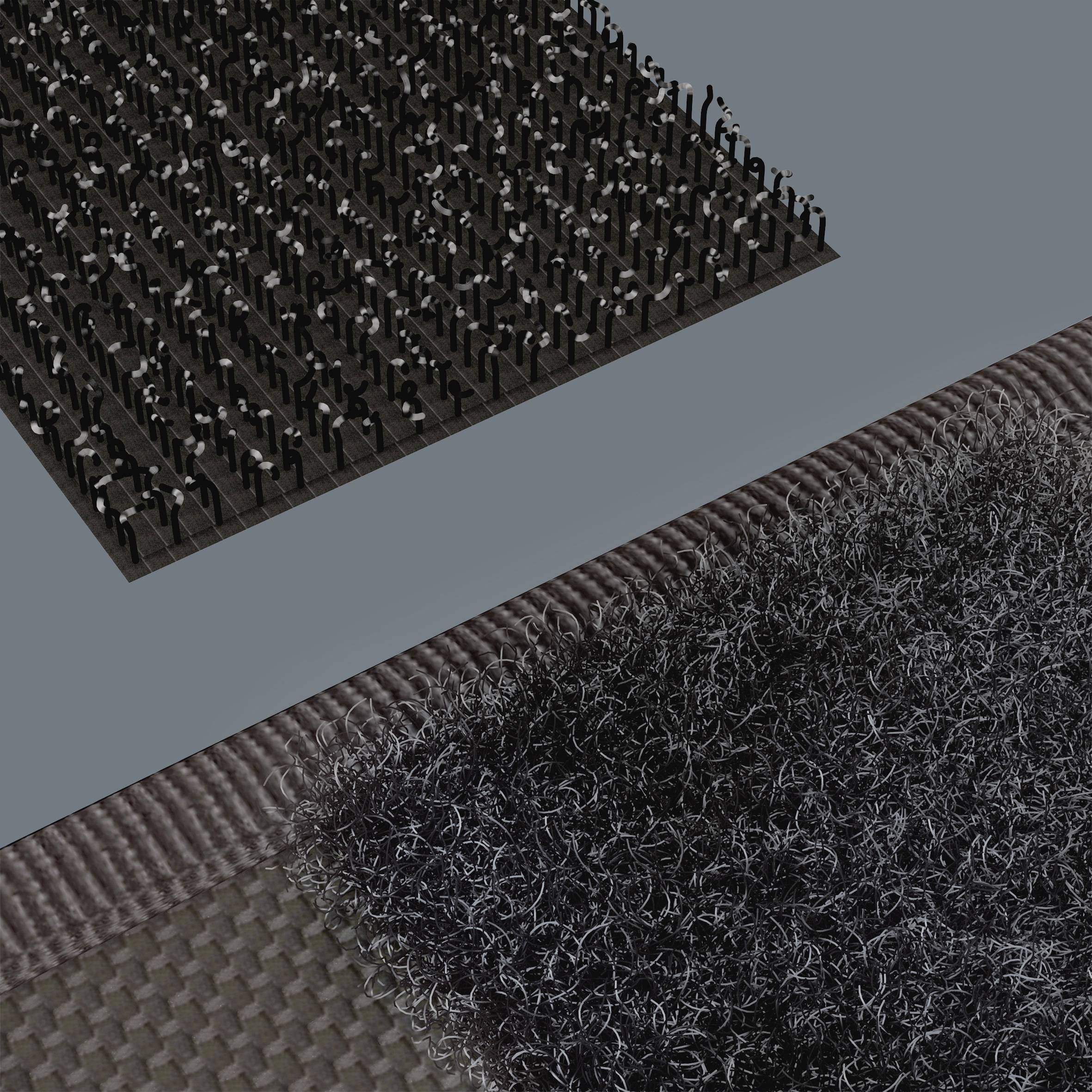 Detailní záběr textilních povrchů a materiálů. Nahoře je patrná tmavá, strukturovaná látka, dole měkký, chlupatý textil.