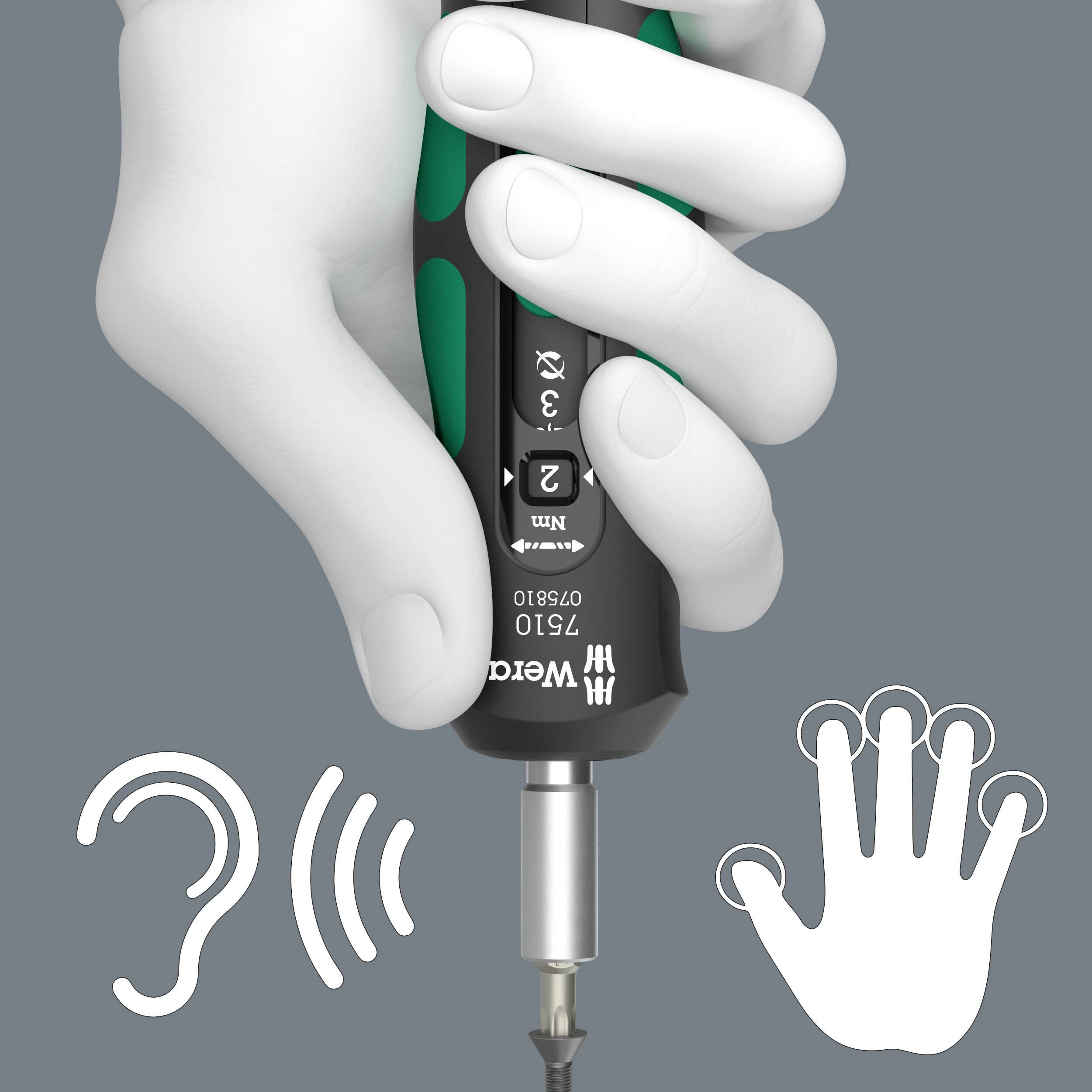 Šroubovák s ergonomickým držadlem, držený jednou rukou. Symboly znázorňují zvukové a hmatové receptory, zdůrazňující pohodlí při použití.