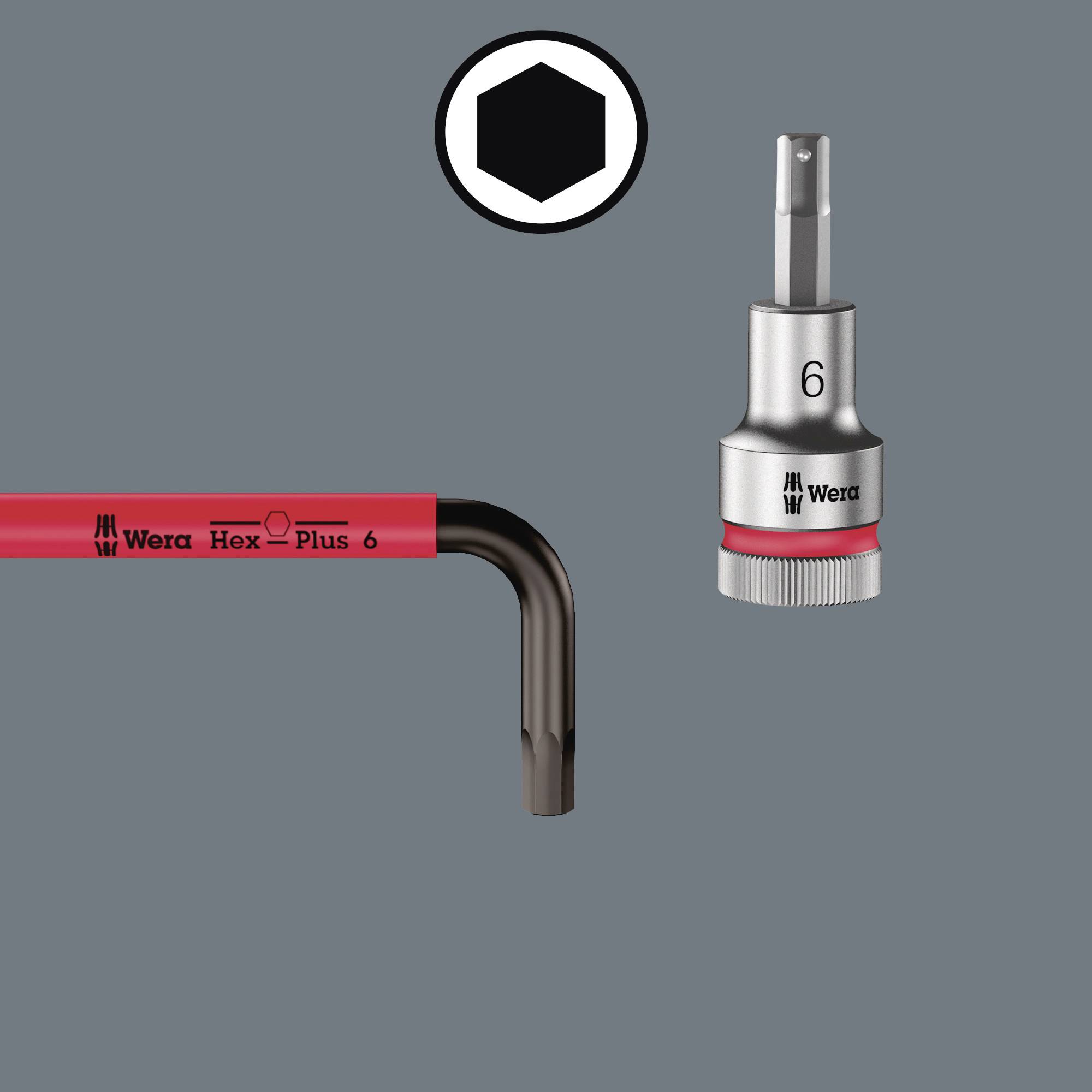 L-klíč s šestihrannou hlavou a šestihranný bit velikosti 6 mm, obojí od firmy Wera, na šedém pozadí.