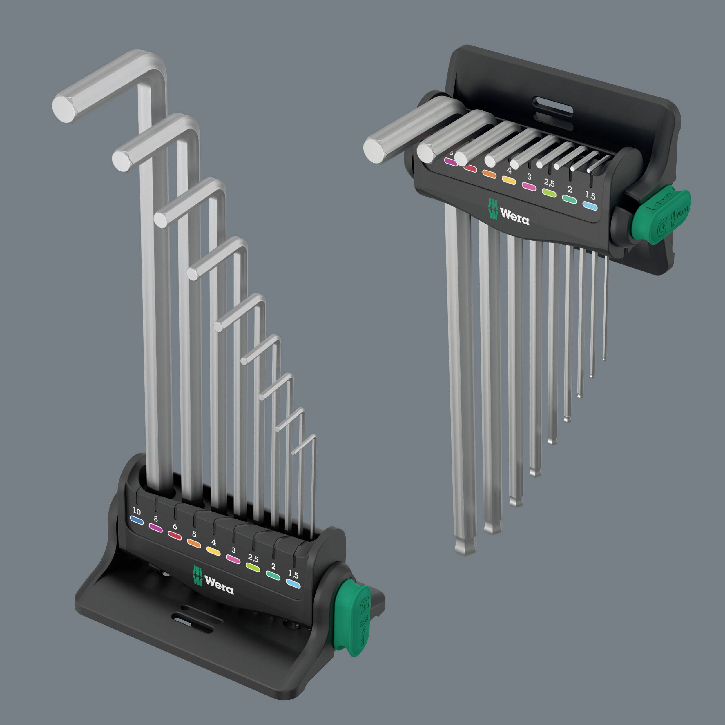 Sada stříbrných inbusových klíčů různých velikostí ve dvou držácích. Držáky jsou opatřeny značkami velikostí.