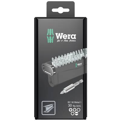 Sada bitů 'Wera BC 30 Metal 1', 30 kusů. Balení zobrazuje bity a nástavec. Slogan: 'Buď rebelant nářadí'.