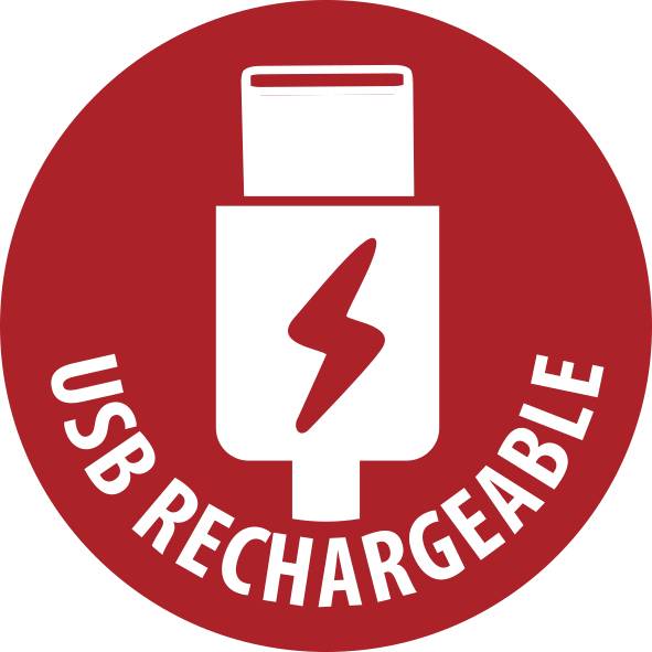 Červený kruhový symbol USB nabíjitelného zařízení s bílou baterií a bleskem, označený jako „USB NABÍJITELNÉ".