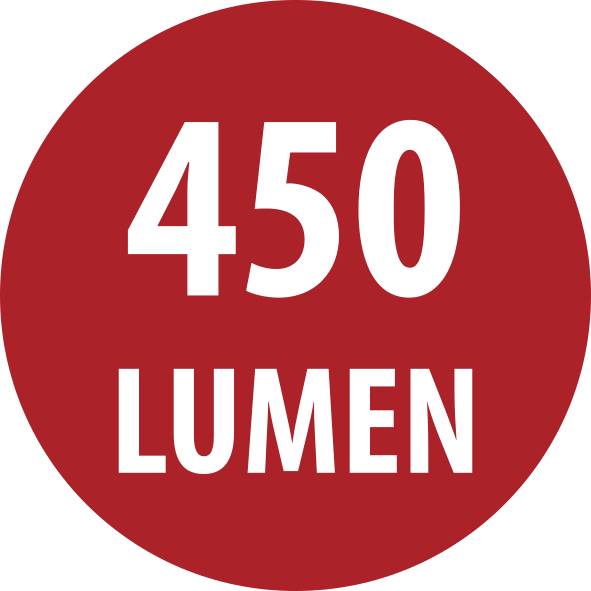 Červený kruhový štítek s bílým textem „450 LUMEN".