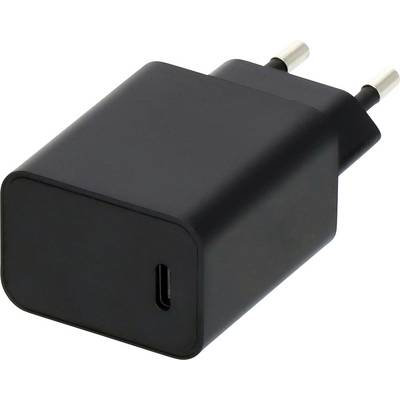 Černá nabíječka na zeď s USB-C konektorem se dvěma kulatými evropskými kolíky na bílém pozadí.