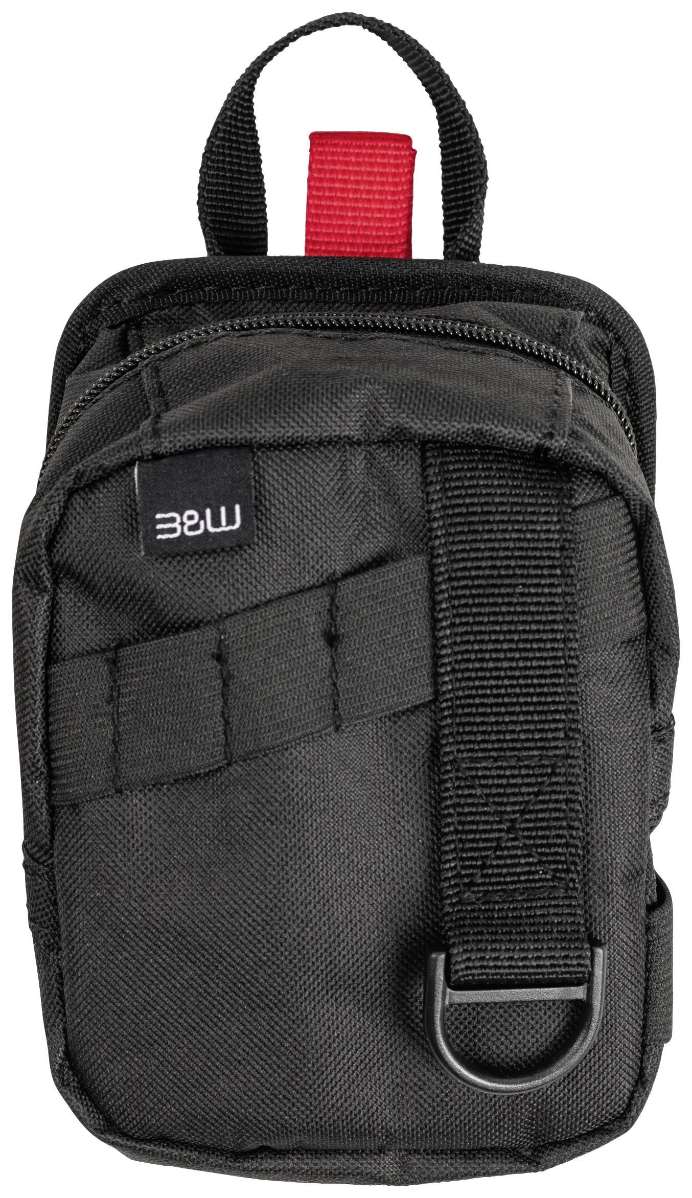 Černá, kompaktní ledvinka s červeným popruhem a malou zipovou kapsou, vhodná pro použití ve venkovním prostředí.