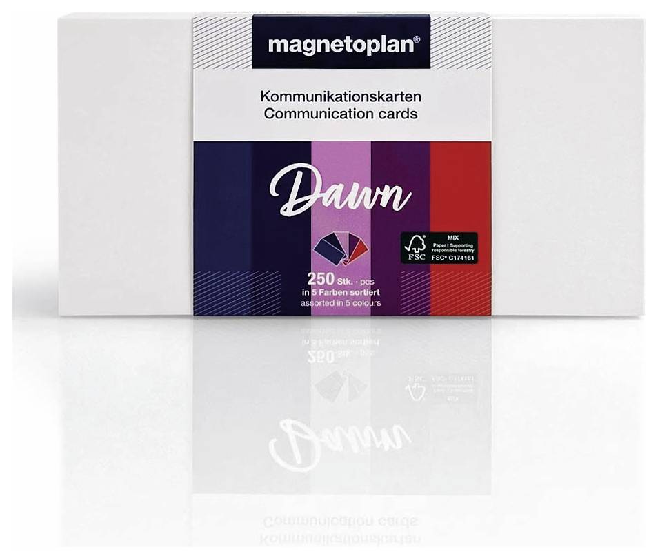 Balení 'Magnetoplan' se 250 komunikačními kartami v pěti barvách, produktový název 'Dawn'.