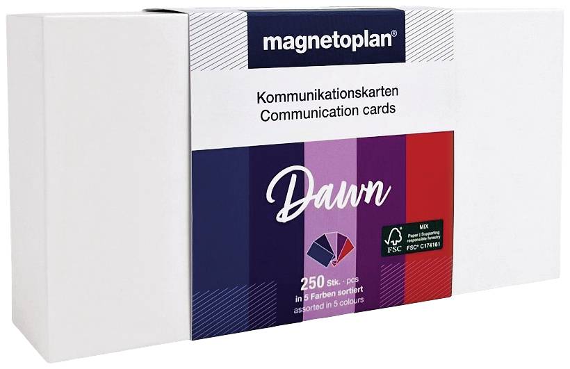 Balení od 'magnetoplan' s komunikačními kartami v pěti barvách, 250 kusů. Obsahuje barevný vějíř pro výběr.