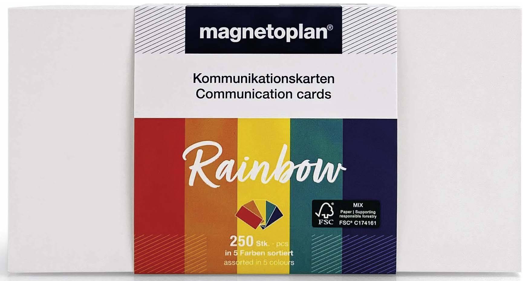 Obrázek ukazuje balení komunikačních karet 'magnetoplan' s názvem 'Rainbow', které obsahuje 250 karet v 5 různých barvách.