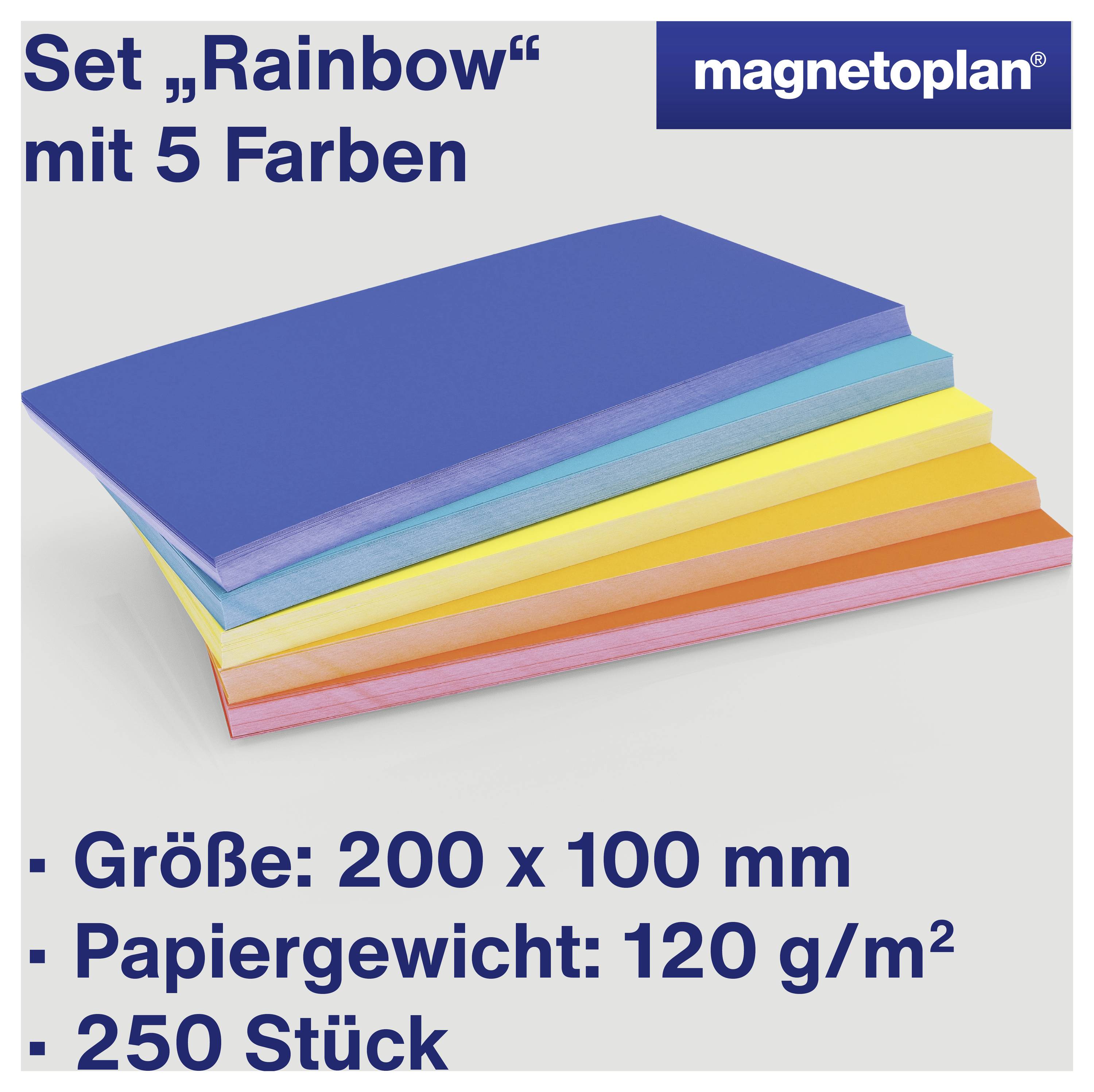 Sada 'Rainbow' s 5 barvami, Magnetoplan. Rozměr: 200 x 100 mm, gramáž papíru: 120 g/m², 250 kusů.
