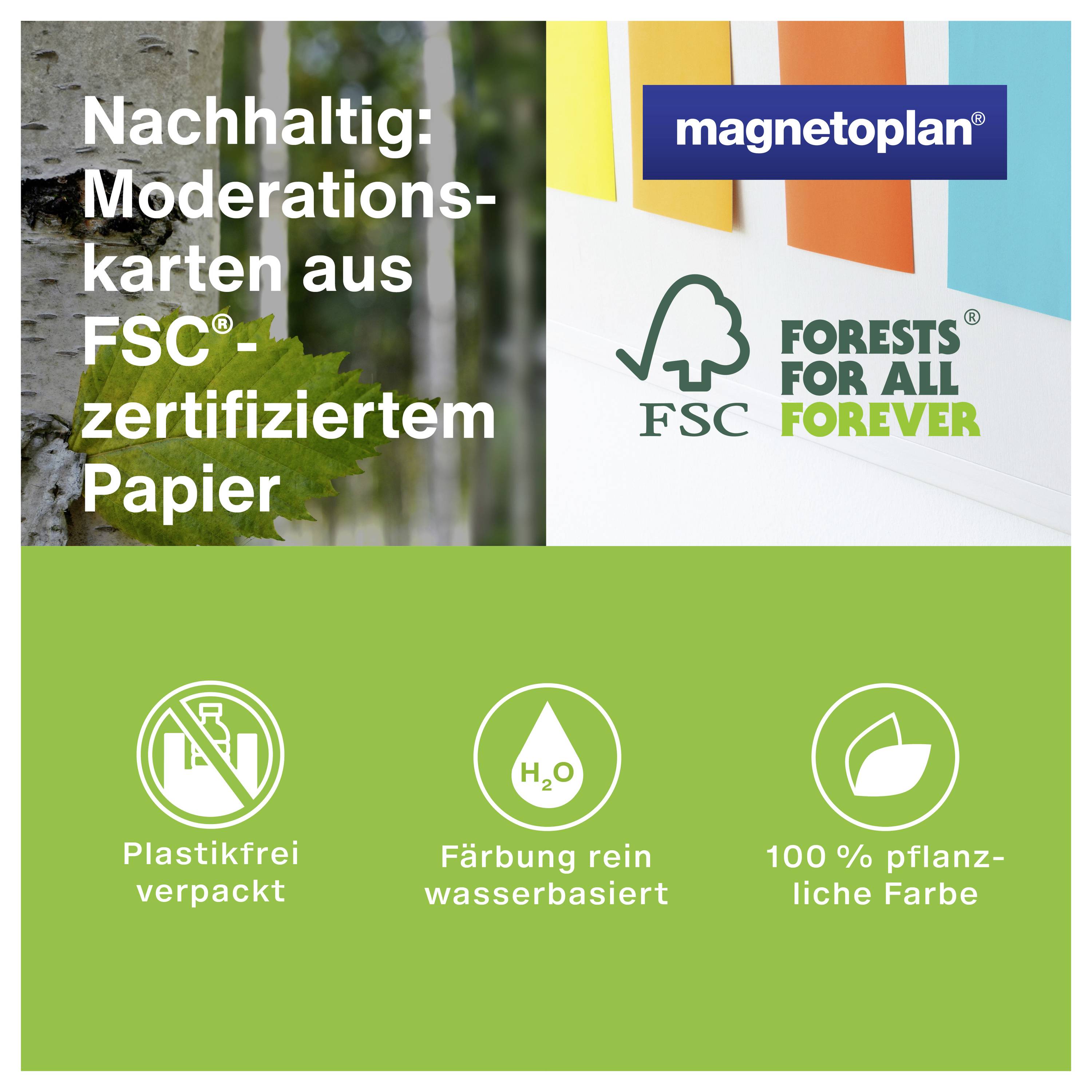 'Udržitelné: Karty pro moderátory z papíru certifikovaného FSC. Baleno bez plastů, barveno na vodní bázi, 100% rostlinné barvy.'