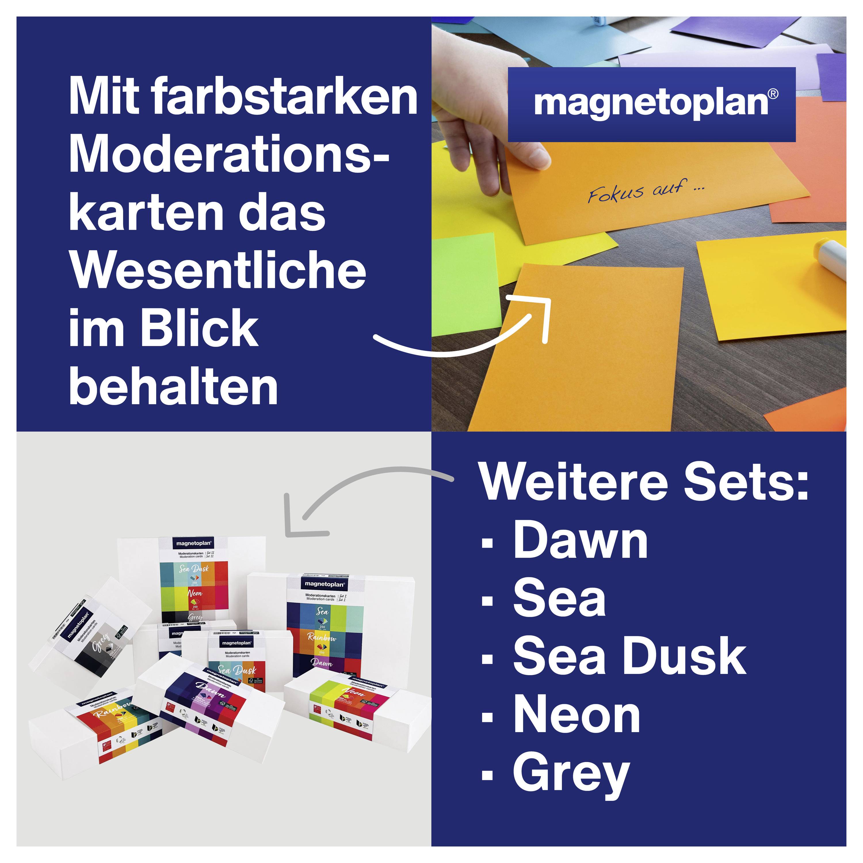 'Udržet podstatné na zřeteli pomocí sytě barevných moderačních karet. Další sady: Dawn, Sea, Sea Dusk, Neon, Grey.'