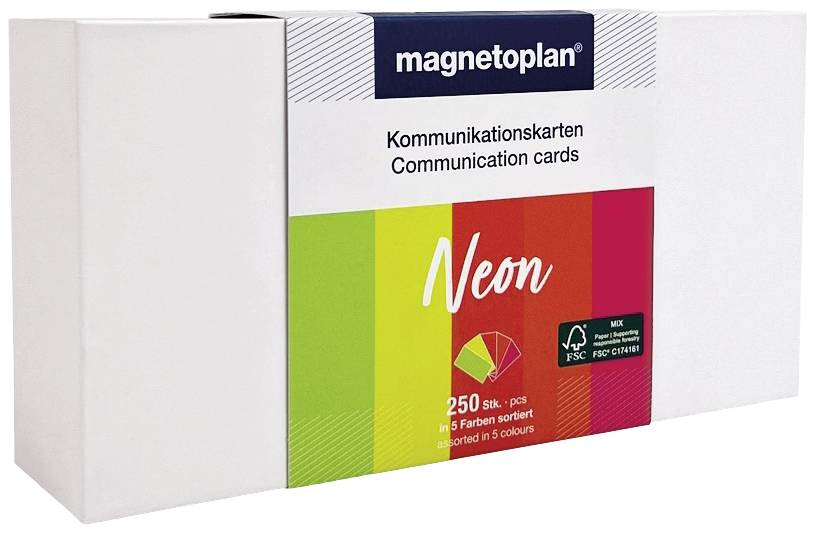Balení komunikačních karet 'magnetoplan', 250 kusů v neonových barvách, roztříděných do pěti barev, certifikováno FSC.
