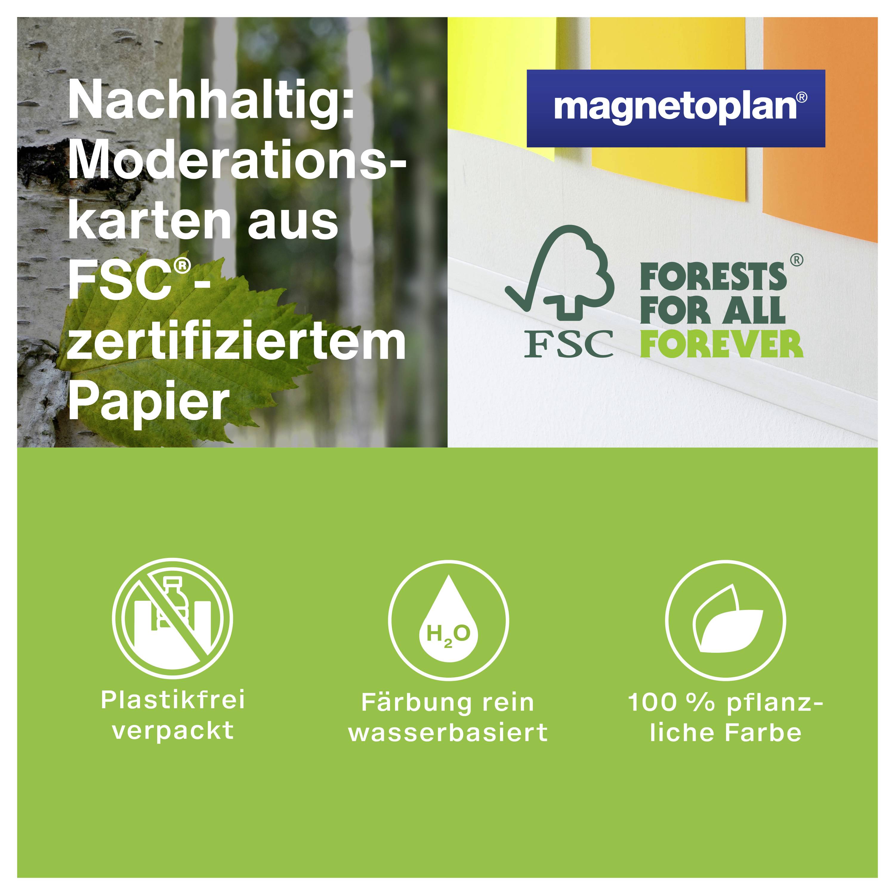 Moderační karty z papíru certifikovaného FSC. Bez plastů, barvené na vodní bázi, přírodní barvy. Udržitelnost v centru pozornosti.