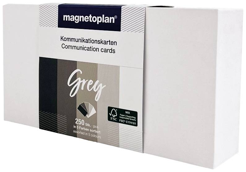 Komunikační karty od společnosti 'magnetoplan', 250 kusů v 5 šedých odstínech. Box zobrazuje barevnou paletu a certifikaci FSC.