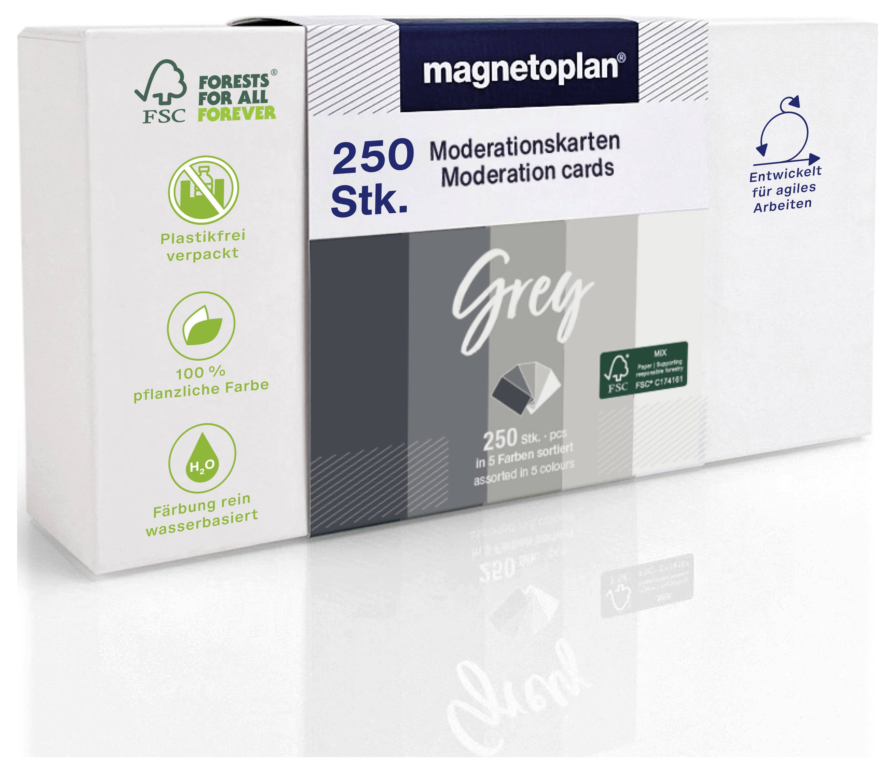 Krabice karet 'magnetoplan' pro moderaci, 250 kusů, v šedé barvě. Charakteristické vlastnosti zahrnují balení bez plastů a rostlinné inkousty na bázi vody.