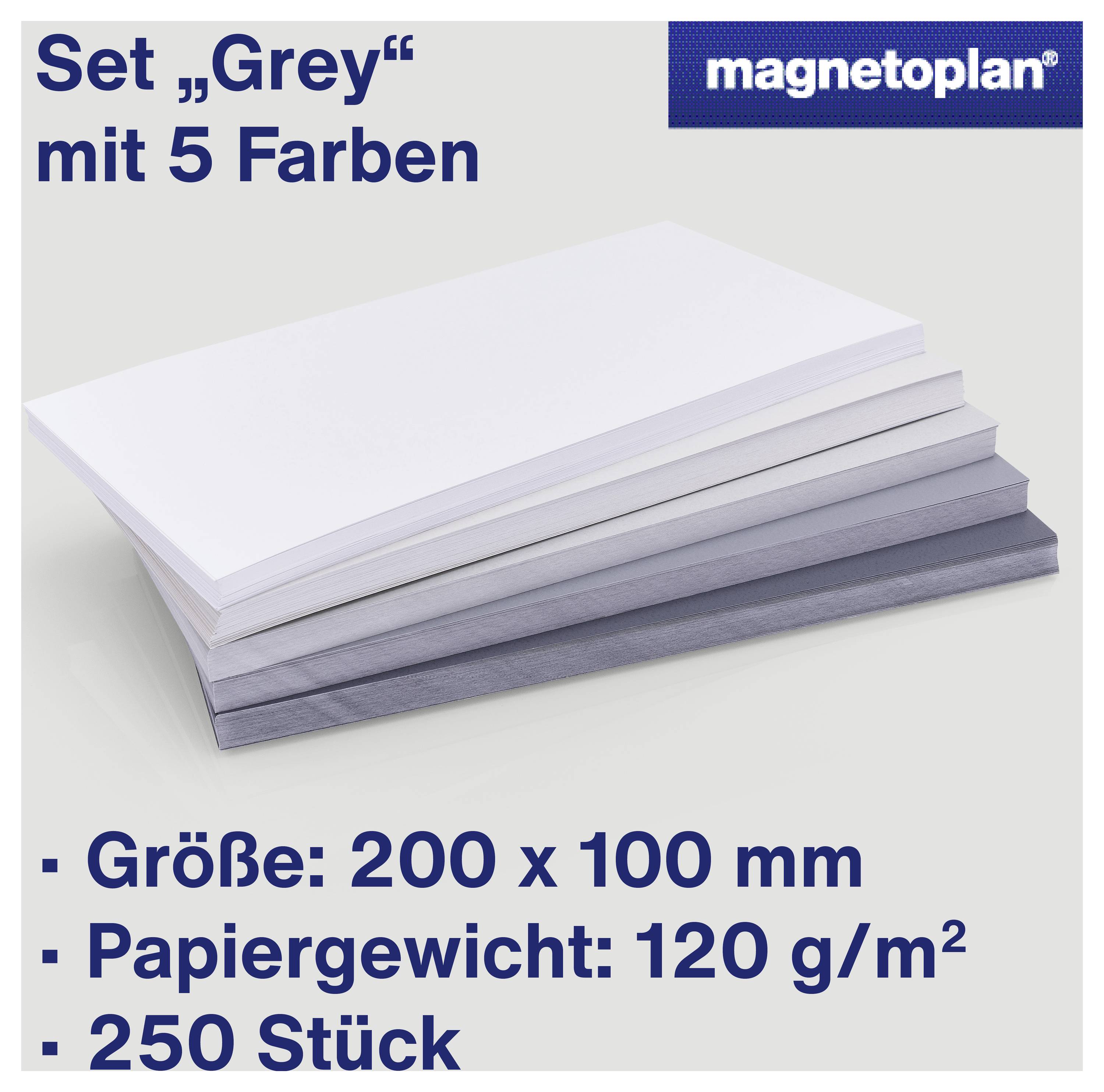 Sada „Šedá" s 5 barvami, balení obdélníkových papírových karet. Velikost: 200 x 100 mm, gramáž papíru: 120 g/m², 250 kusů.