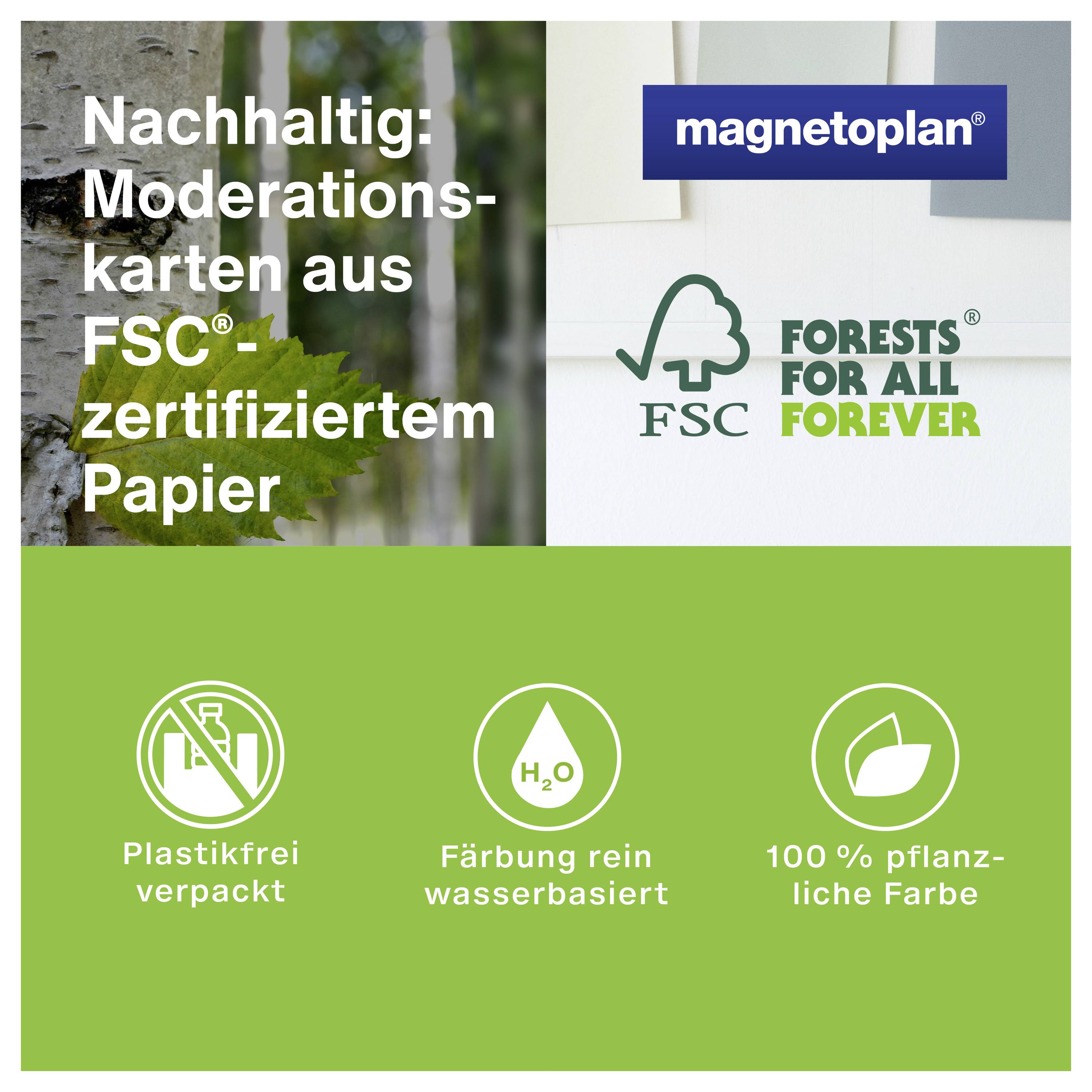 Udržitelné moderační karty z papíru certifikovaného FSC®. Obsahuje symboly pro balení bez plastů, barvení na vodní bázi a rostlinné barvy.