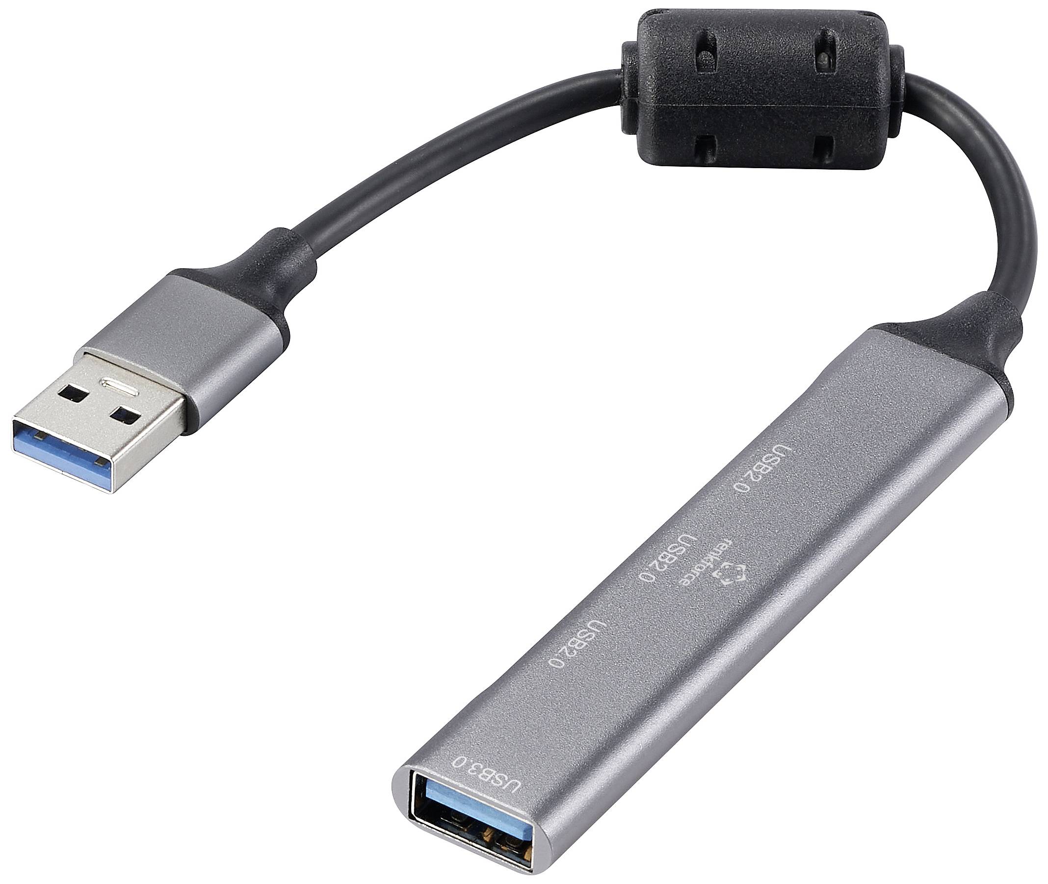 Šedý USB adaptér se třemi USB 3.0 porty a jedním připojovacím konektorem pro počítač.