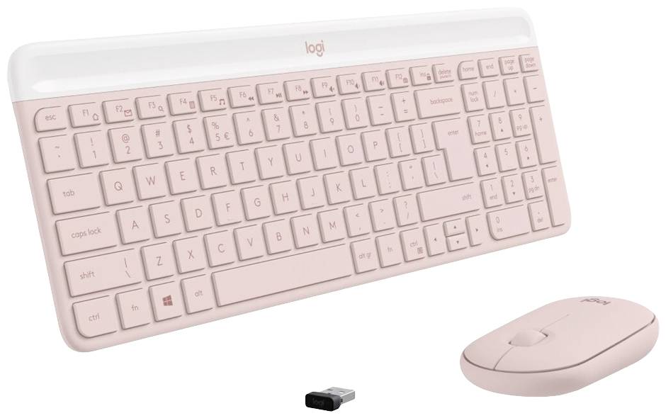 Bezdrátová růžová klávesnice s odpovídající myší a USB přijímačem. Vhodná pro kancelářské práce a používání počítače.