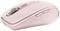 Bezdrátová, růžová počítačová myš s rolovacím kolečkem a postranními tlačítky, ideální pro ergonomické použití a mobilní práci.