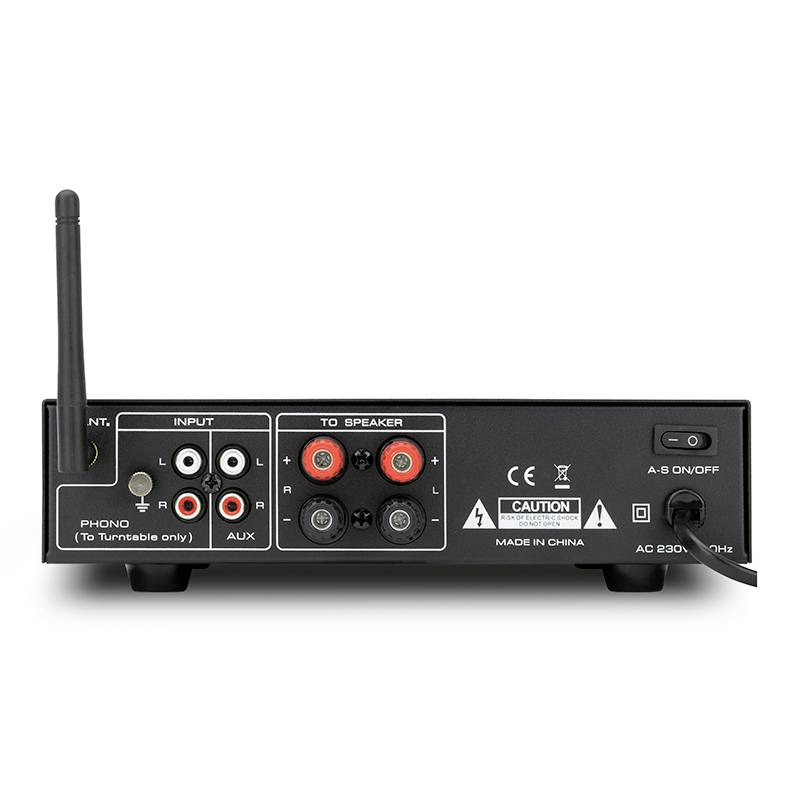 Zadní strana audiozesilova­če s přípojkami: Phono, AUX, reproduktory, anténa. Výstražné štítky a vypínač vpravo.