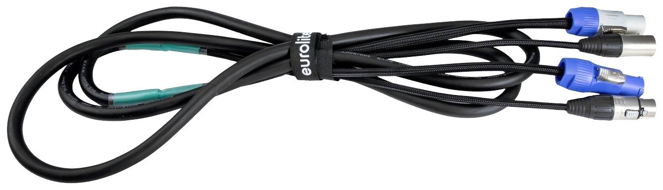 Signální kabel Eurolite v černé barvě s několika modrými a stříbrnými konektory, svázaný suchým zipem.