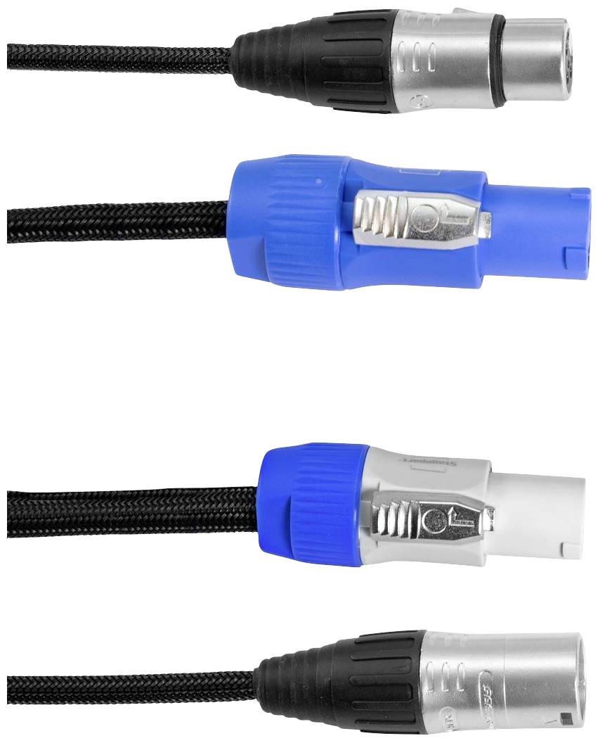 Tři audio nebo napájecí kabely s různými konektorovými spoji, které jsou na jednom konci opatřeny zástrčkami a zásuvkami.