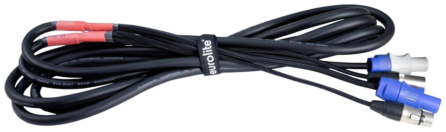 Audiokabel označené logem 'Eurolite' s několika konektory, včetně XLR a jack konektorů, na bílém pozadí.
