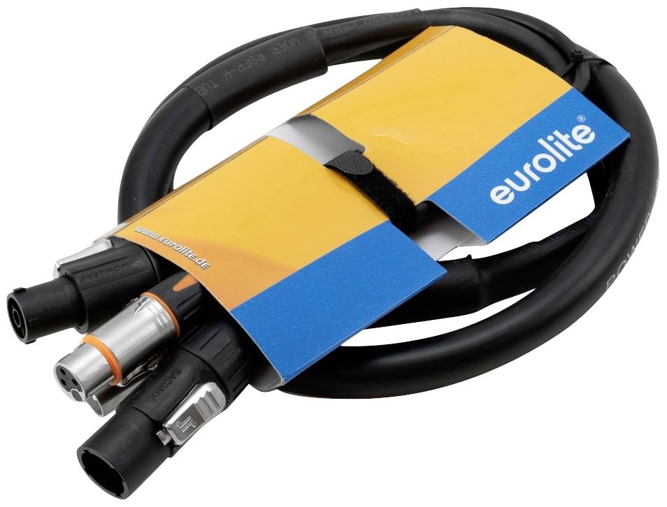 Kabel 'Eurolite' s několika XLR konektory, zabalené a opatřené žluto-modrým obalem, pravděpodobně určené pro audio aplikace.