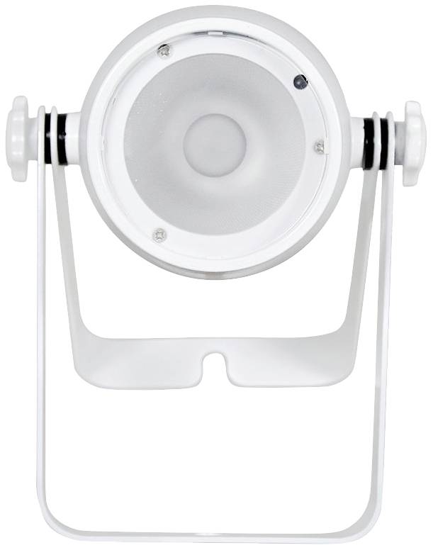 Bílý reproduktor v kulatém pouzdře, umístěný na stojanu, zobrazený čelním pohledem.