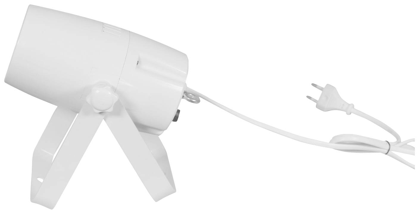 Bílý LED reflektor se stojanem a síťovým kabelem, ideální pro osvětlení v interiérech. Zařízení je postavené na boku, síťová zástrčka je viditelná.