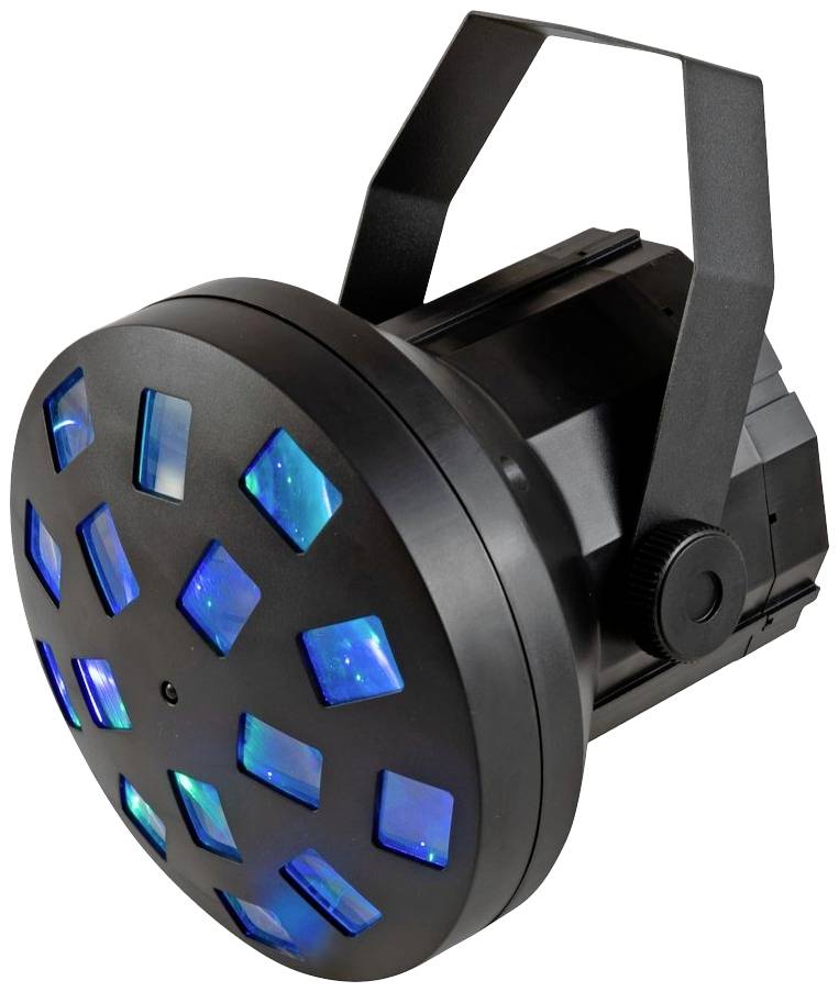 Černý jevištní reflektor s několika modrými světelnými efekty na přední straně, upevněný na nastavitelné rukojeti.