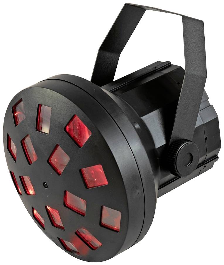 Černý jevištní reflektor s moderním designem, červenými světelnými okénky a rukojetí pro upevnění nebo nošení.