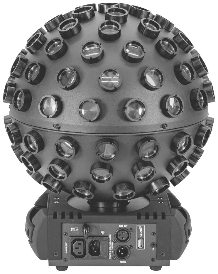 Černý LED reflektor ve tvaru koule s několika čočkami pro osvětlovací efekty, namontovaný na řídicí jednotce.