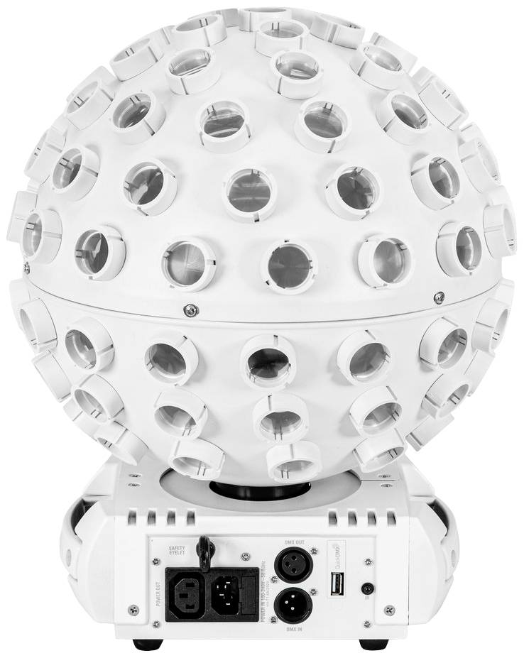 Bílý, kulovitý reproduktor umístěný na podstavci s několika kruhovými otvory a přípojkami pro napájení a audiovybavení.