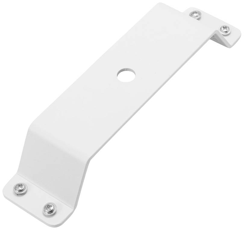 Bílý kovový držák s otvorem uprostřed a čtyřmi upevňovacími šrouby.