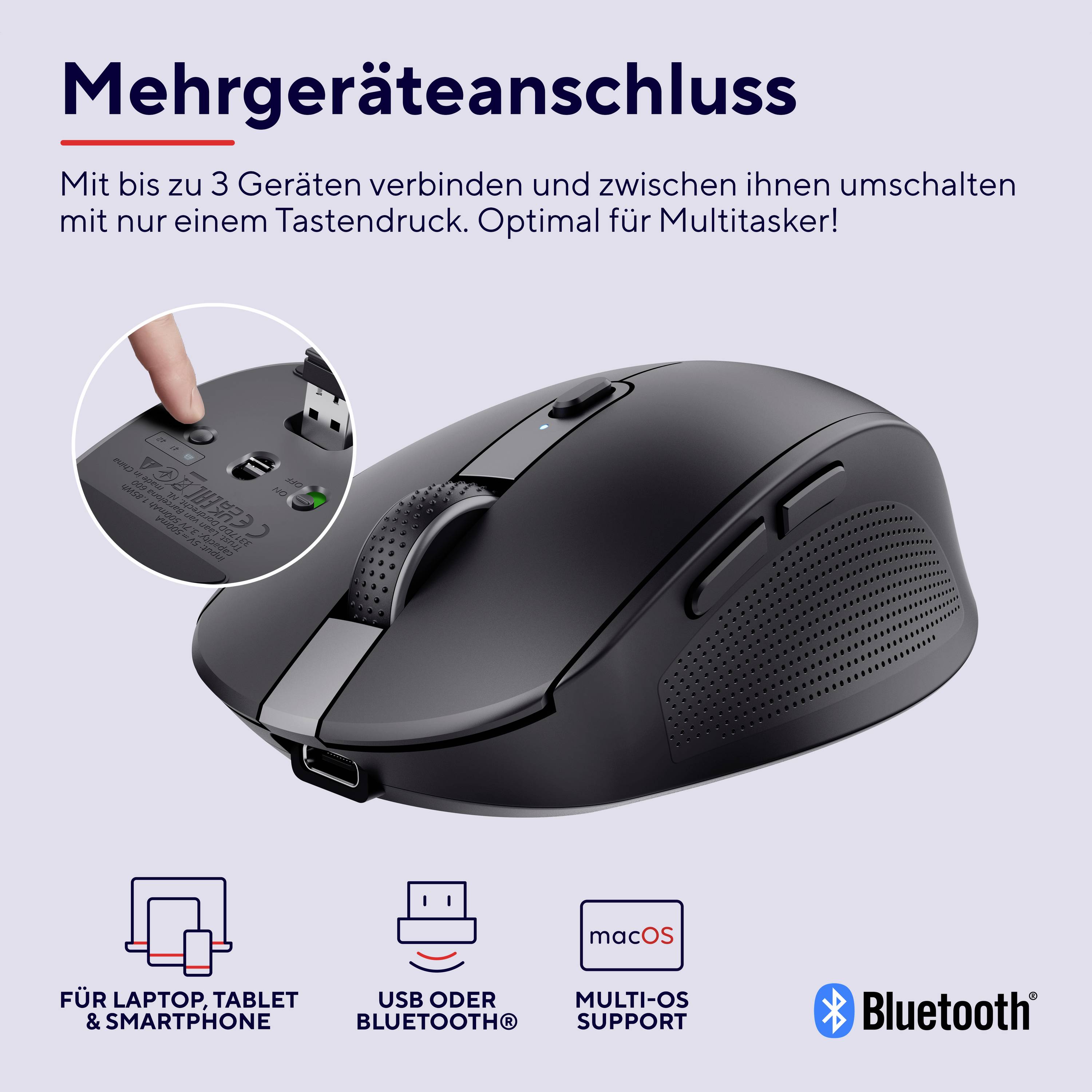 Obrázek zobrazuje černou počítačovou myš připojenou ke třem zařízením, podporující Bluetooth, USB, macOS a vhodnou pro multitasking.