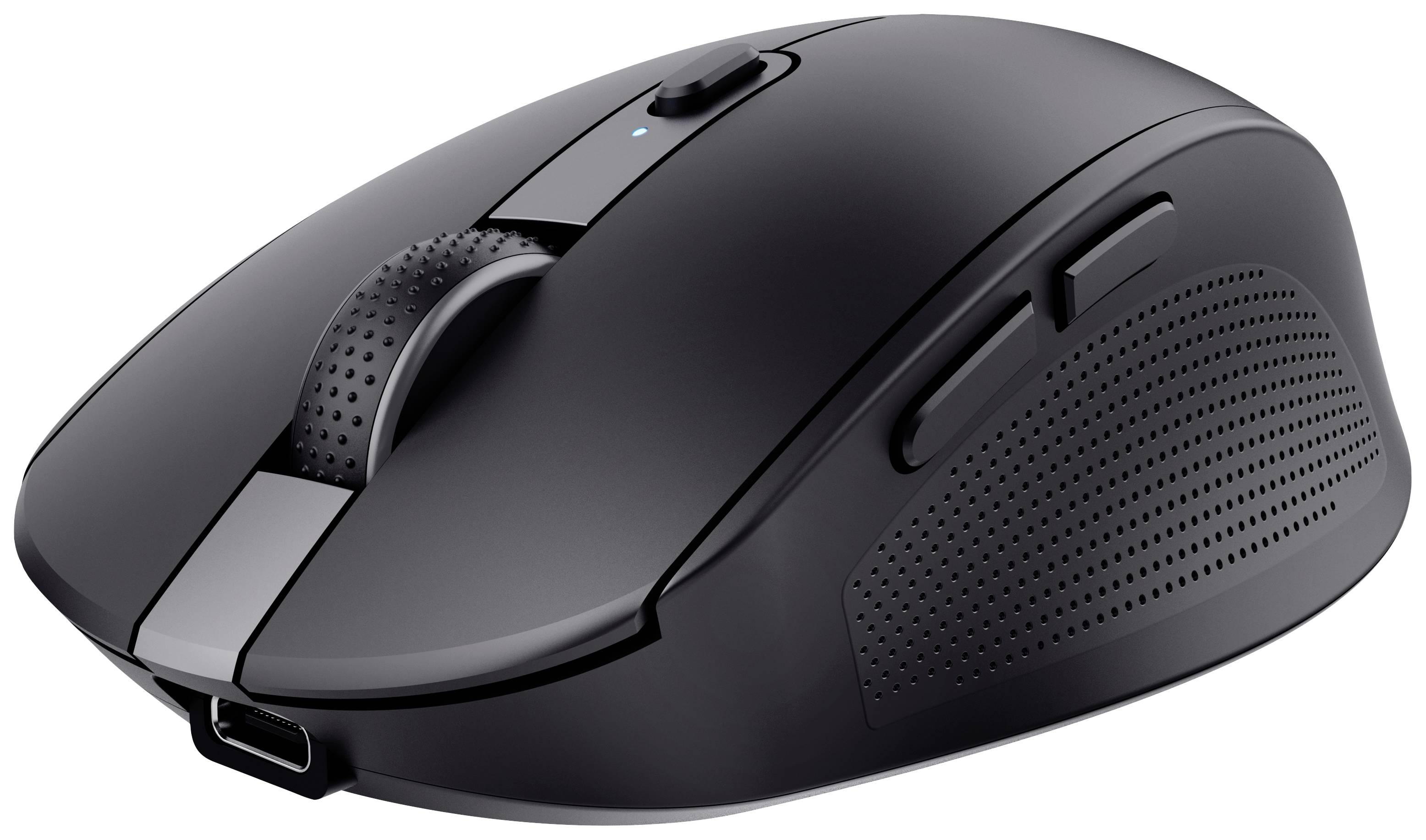 Černá bezdrátová počítačová myš se dvěma bočními tlačítky a ergonomickým designem, umístěná na bílém povrchu.