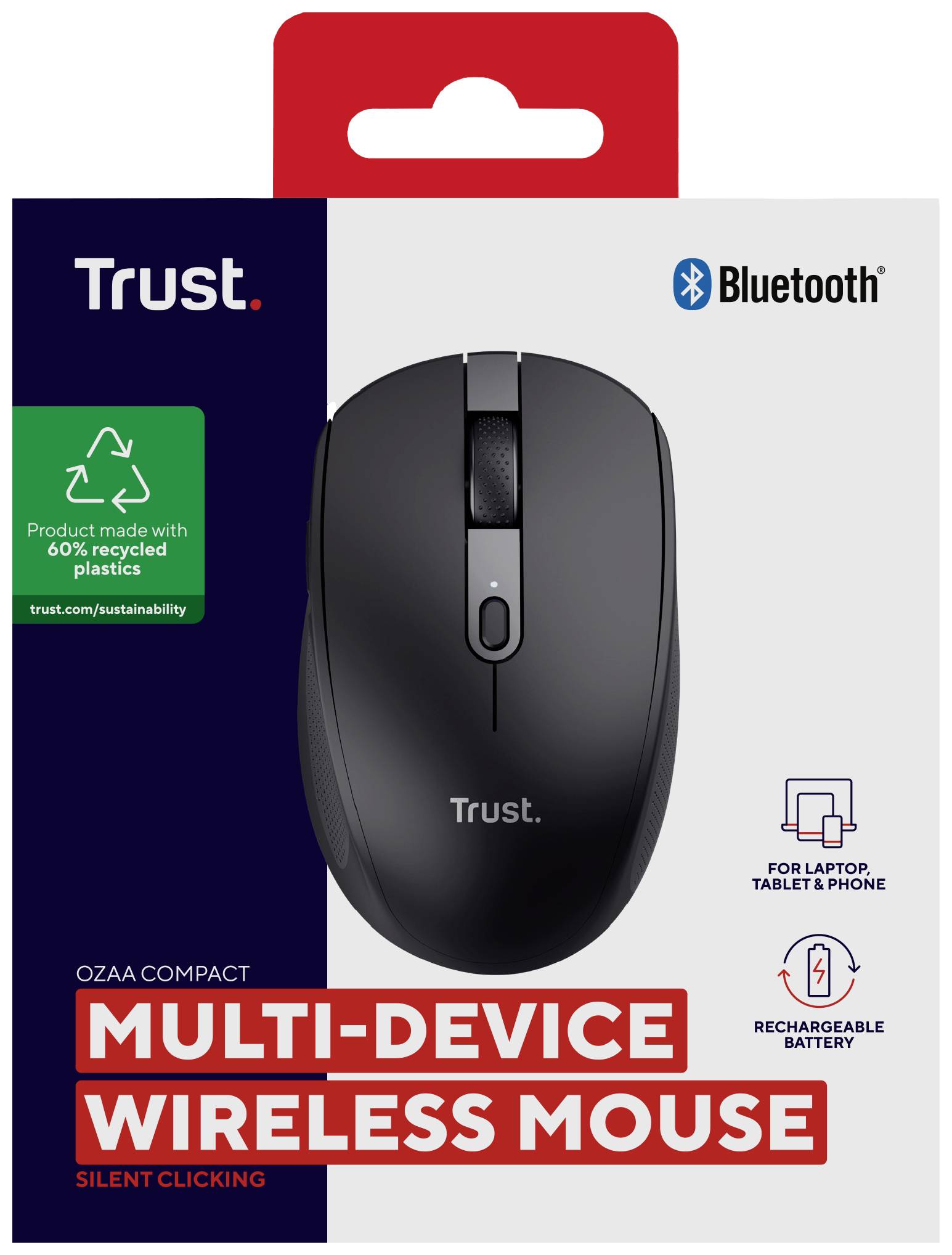 Bezdrátová myš Trust s připojením Bluetooth, vhodná pro laptop, tablet a telefon. Vyrobena z 60% recyklovaného plastu, tichý klik.