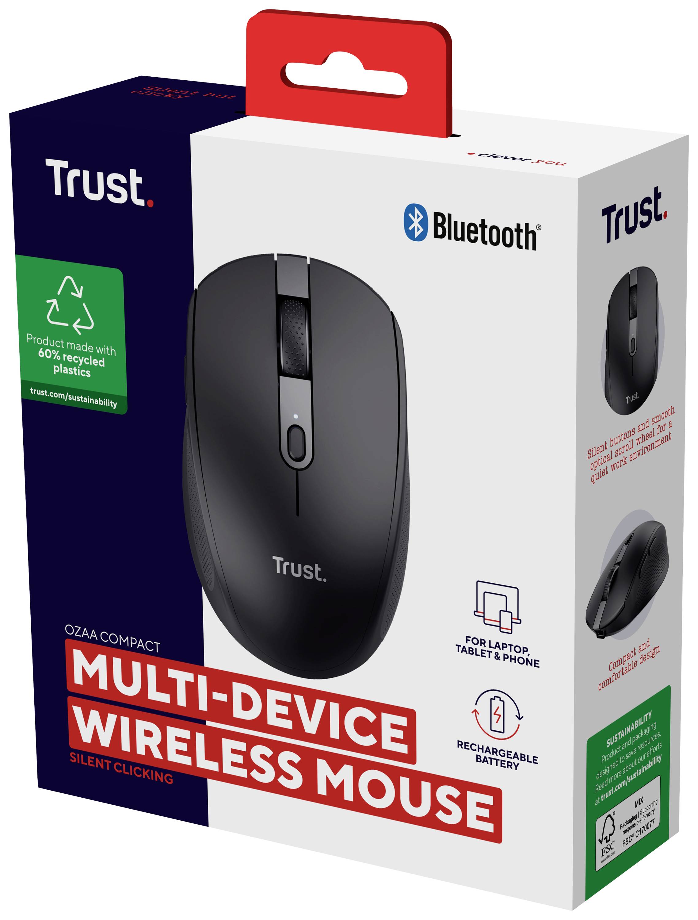 Balení bezdrátové Bluetooth myši od Trust, vhodné pro laptop, tablet a smartphone, dobíjecí, tichý klik.
