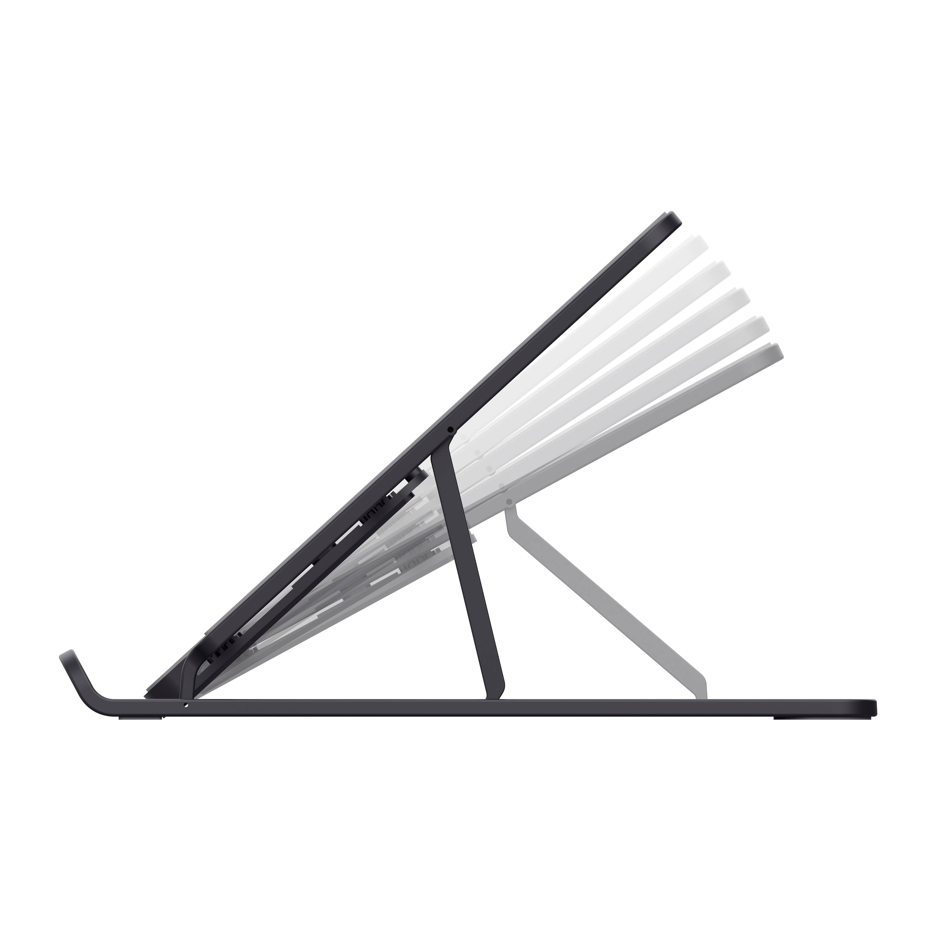 Stojan na notebook s nastavitelnými úhly pro ergonomické umístění. Boční pohled ukazuje několik úrovní náklonu.
