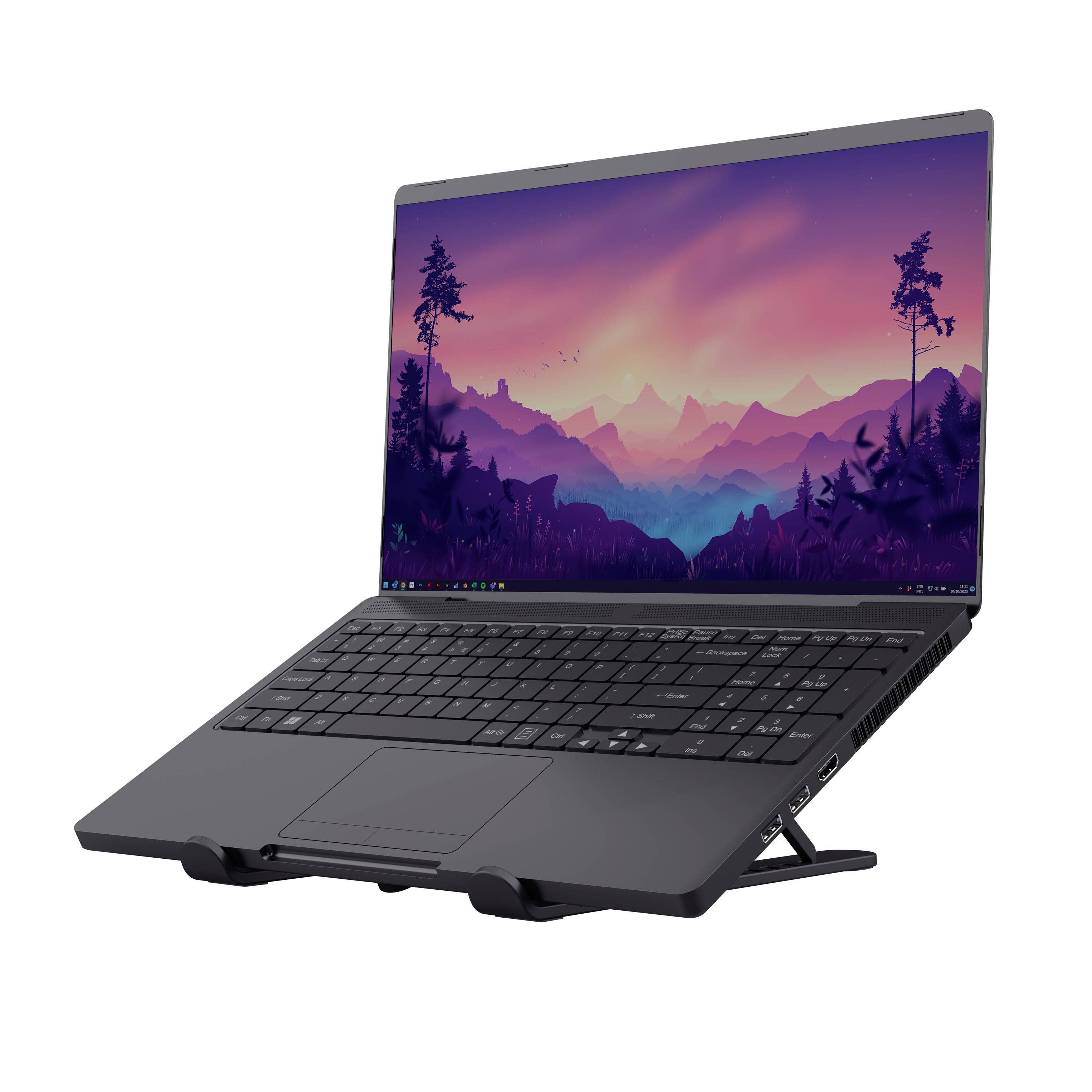 Otevřený laptop s pozadím na obrazovce zobrazujícím pestrobarevnou horskou krajinu při západu slunce.