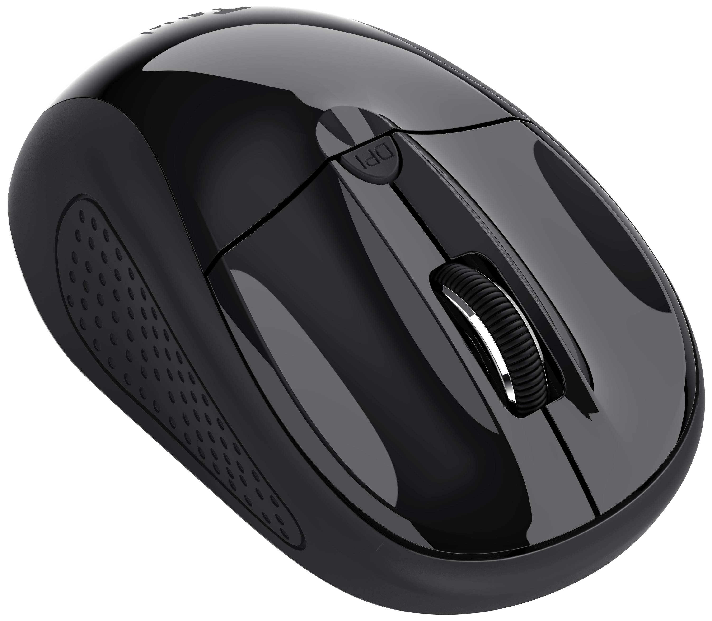 Černá bezdrátová počítačová myš s ergonomickým designem a gumovanými postranními úchyty, vhodná pro pohodlné používání.
