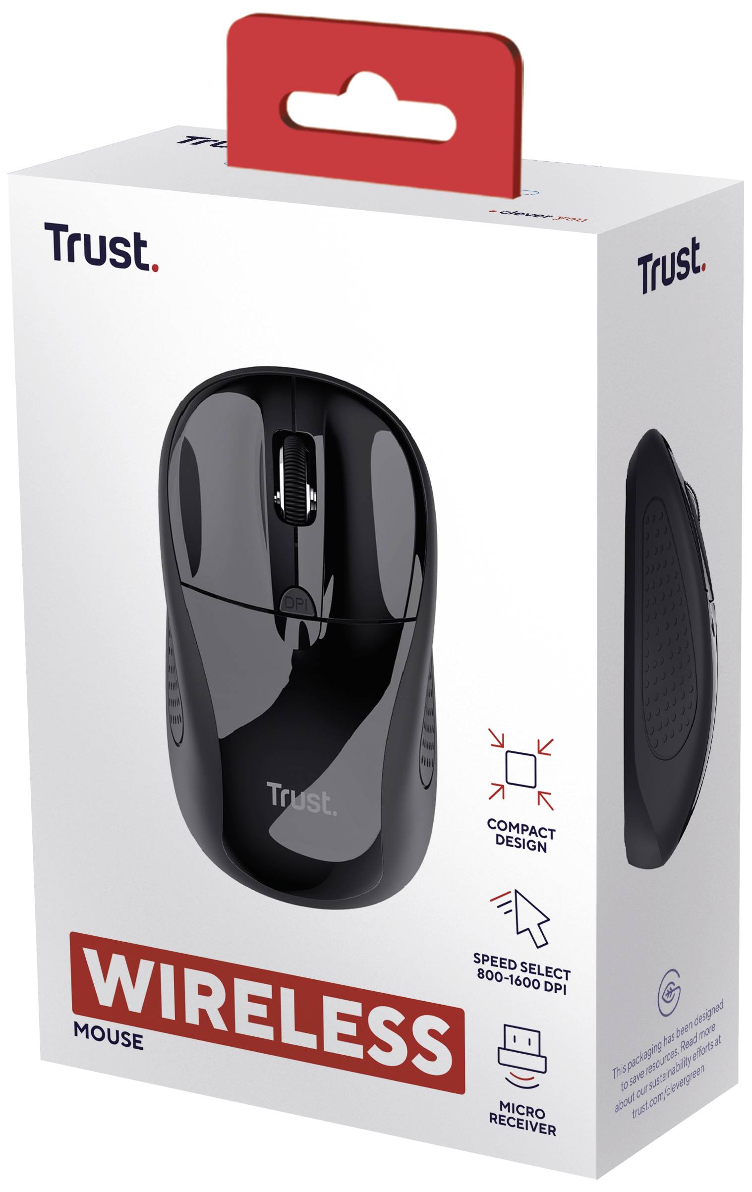 Bezdrátová myš Trust v černé barvě, zabalená v bílé krabici. Vlastnosti: kompaktní design, DPI 800-1600, mikro-receiver.