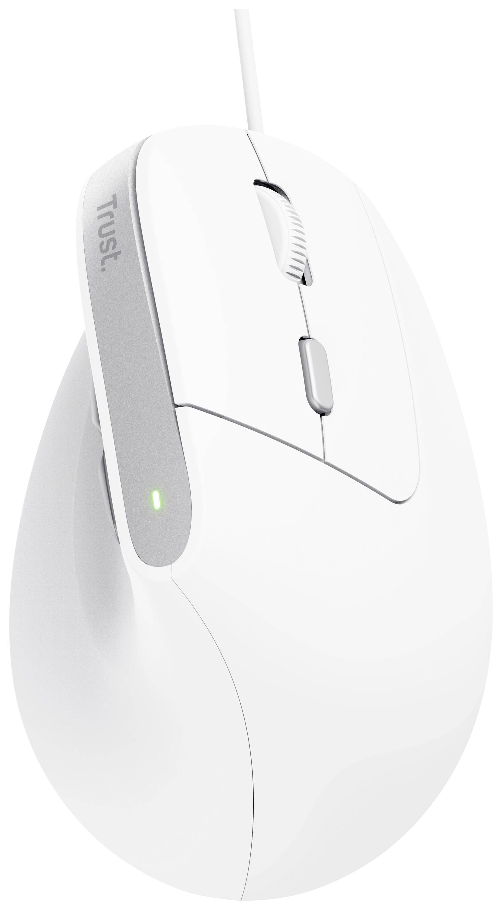 Bílá ergonomická USB myš se dvěma tlačítky a kolečkem pro posouvání, vhodná pro pohodlné uchopení a snadnou navigaci.