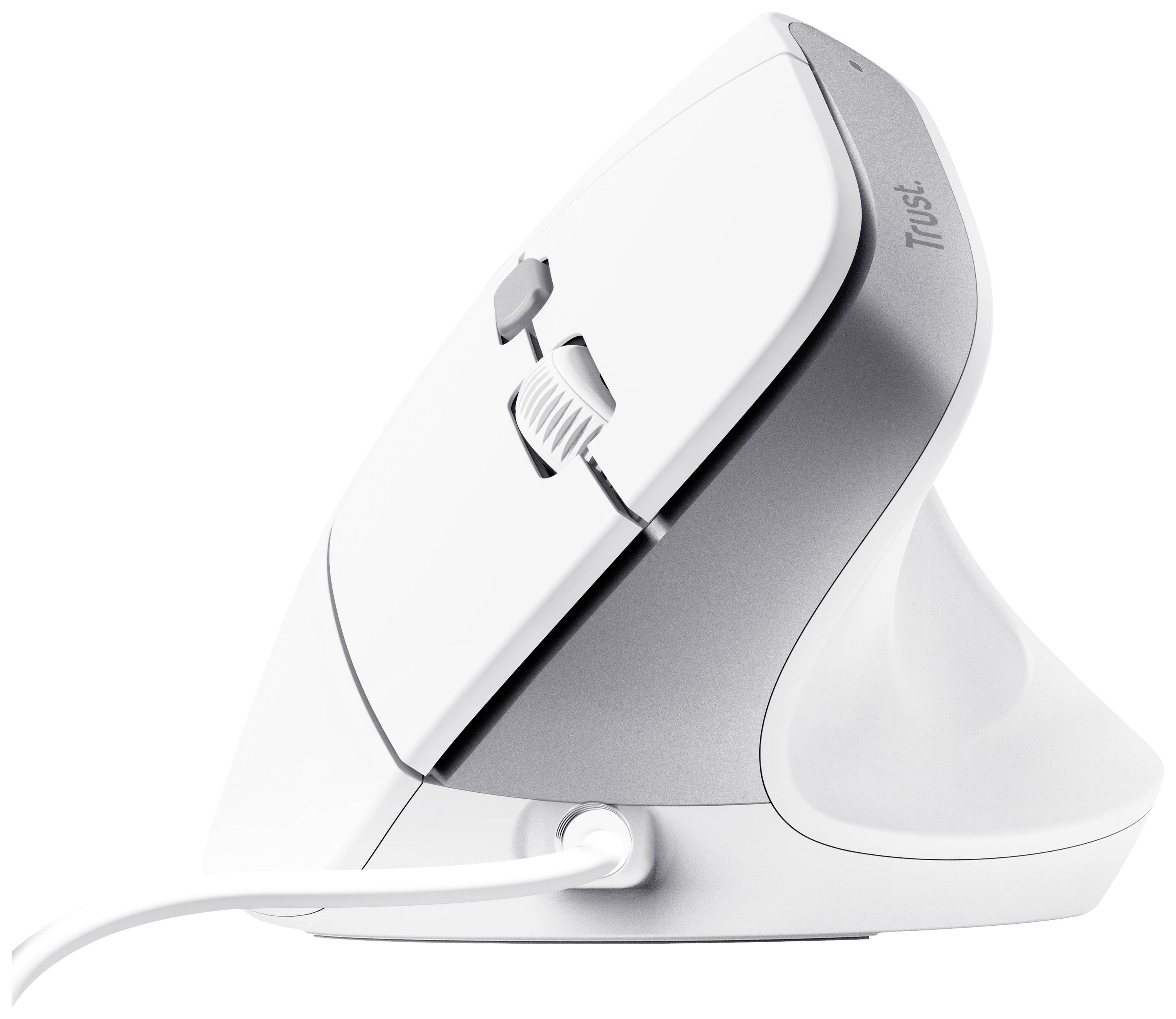 Ergonomická vertikální myš s kabelem, navržená především v bílé a šedé barvě, nabízí vylepšený komfort a podporu.