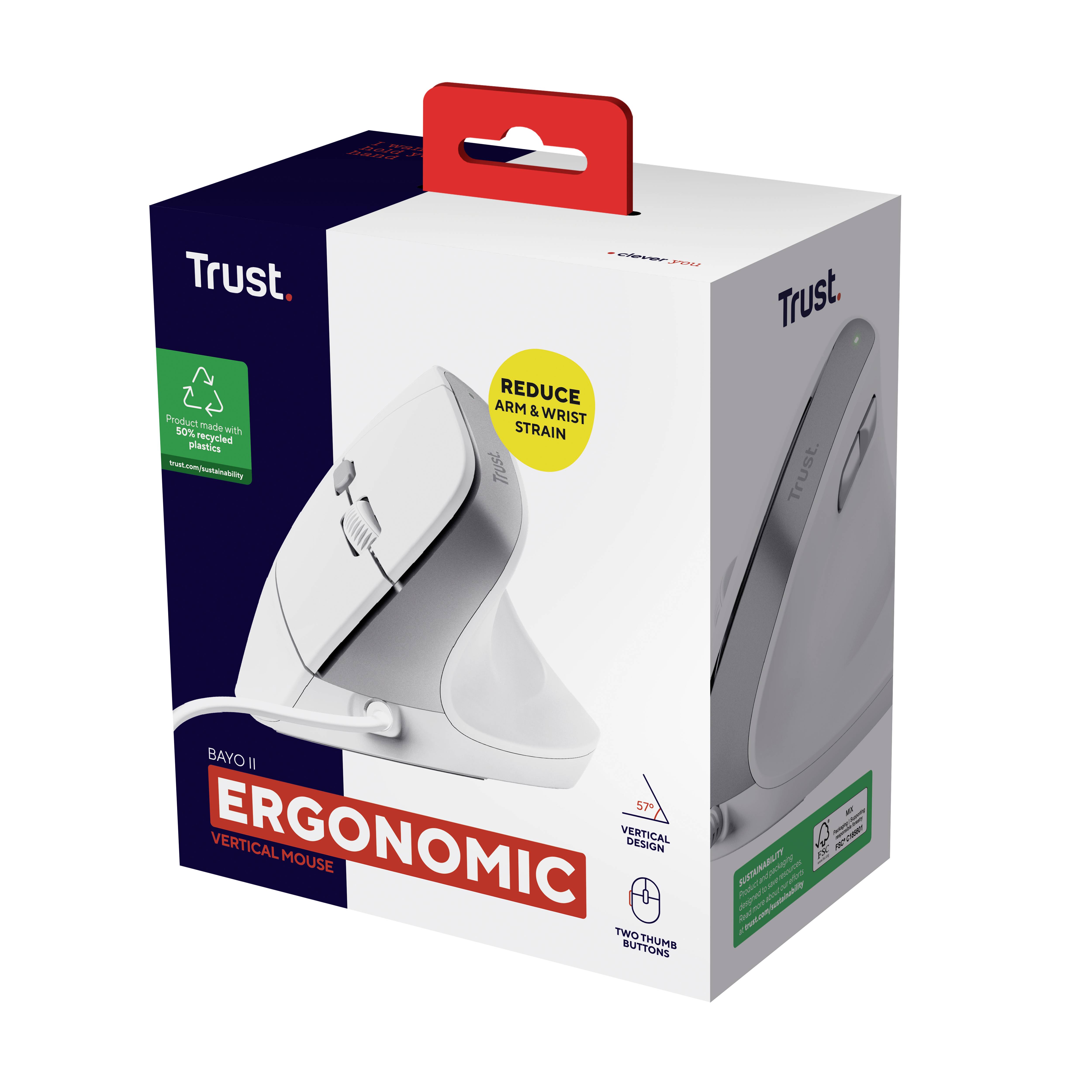 Ruka drží ergonomickou myš na pracovním stole; Text: Ergonomicky certifikováno, Žádné bolesti paže/zápěstí, Vertikální úhel 57°.