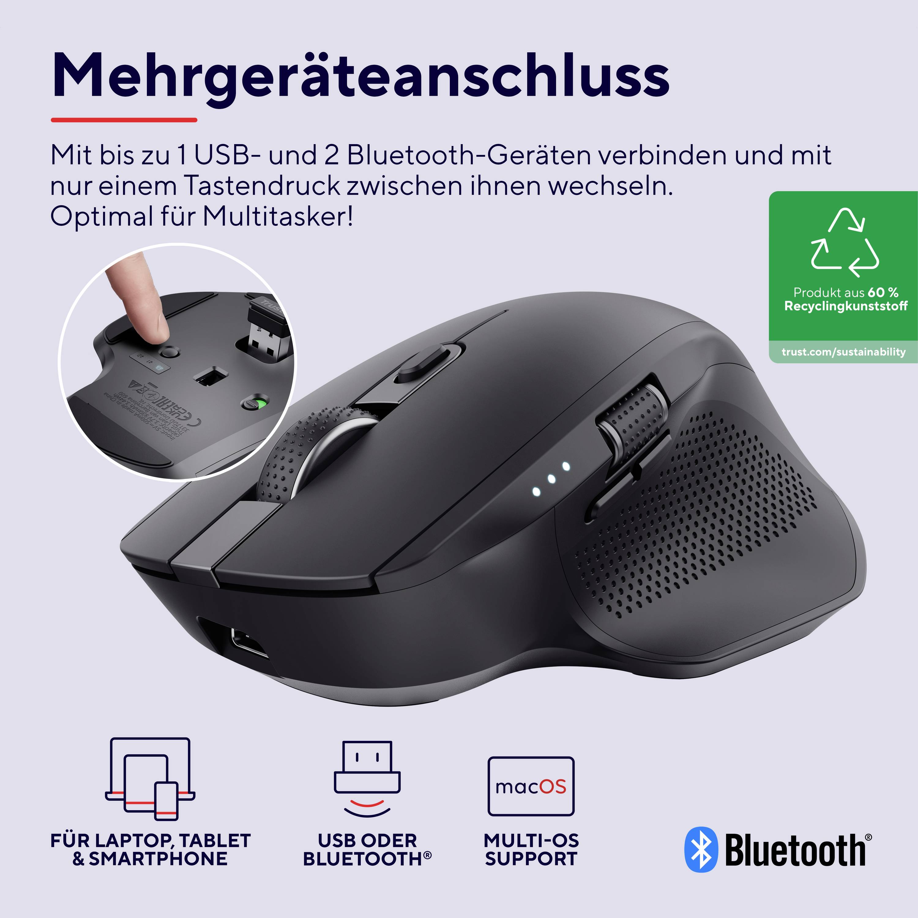 Multifunkční myš s několika zařízeními a tlačítky pro výběr zařízení. Podporuje USB a Bluetooth připojení. Vhodná pro multitasking.